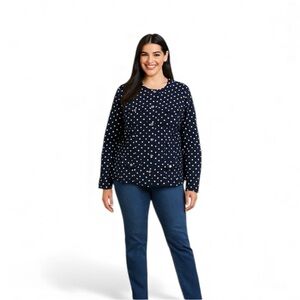 Chaps, Womenโs Button Down Jacket 4 Pockets In Front. Navy With Wht Polka Dot 1X